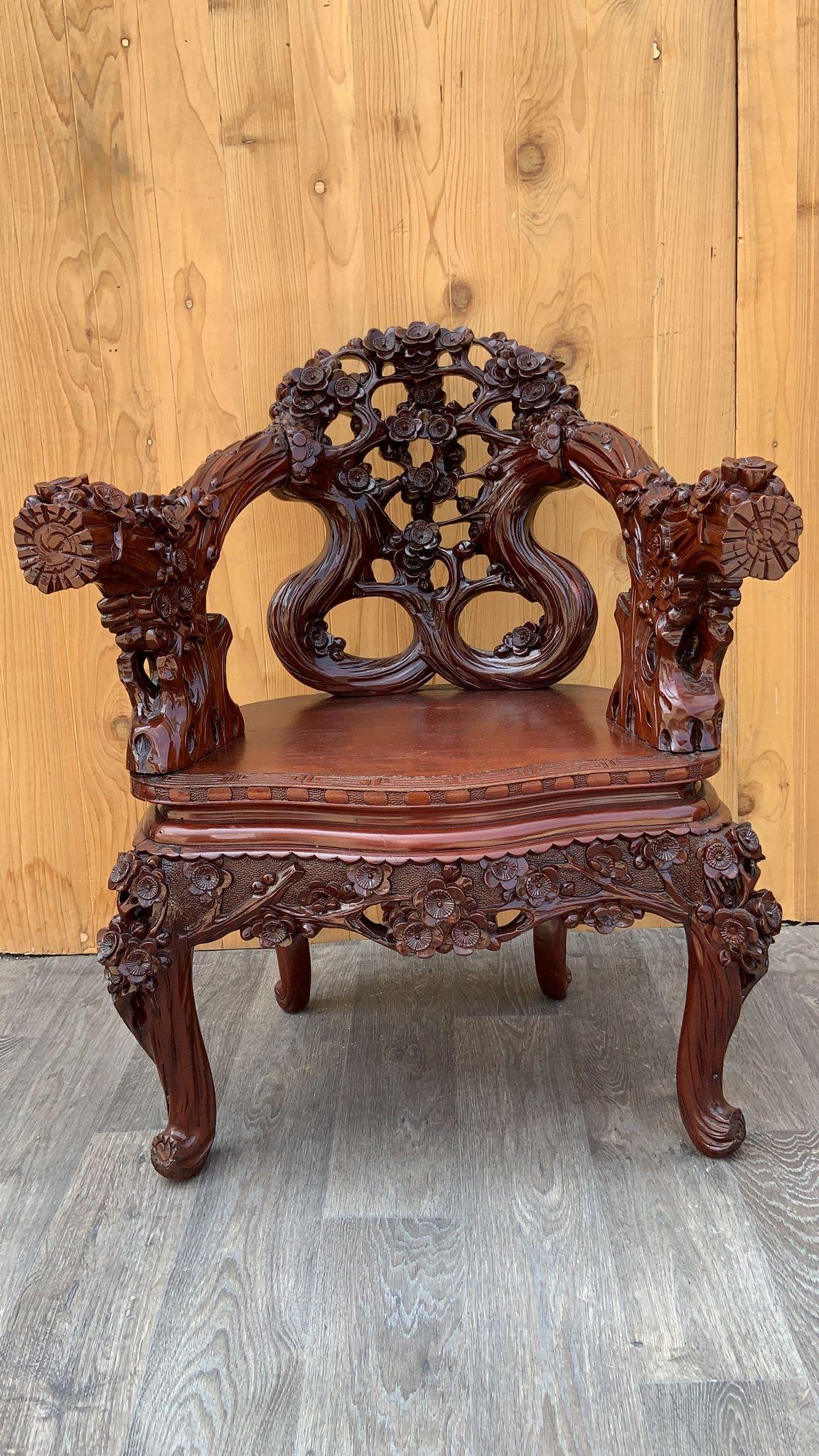 Vintage Japanese Carved Floral Accent Chair In Good Condition For Sale In Chicago, IL