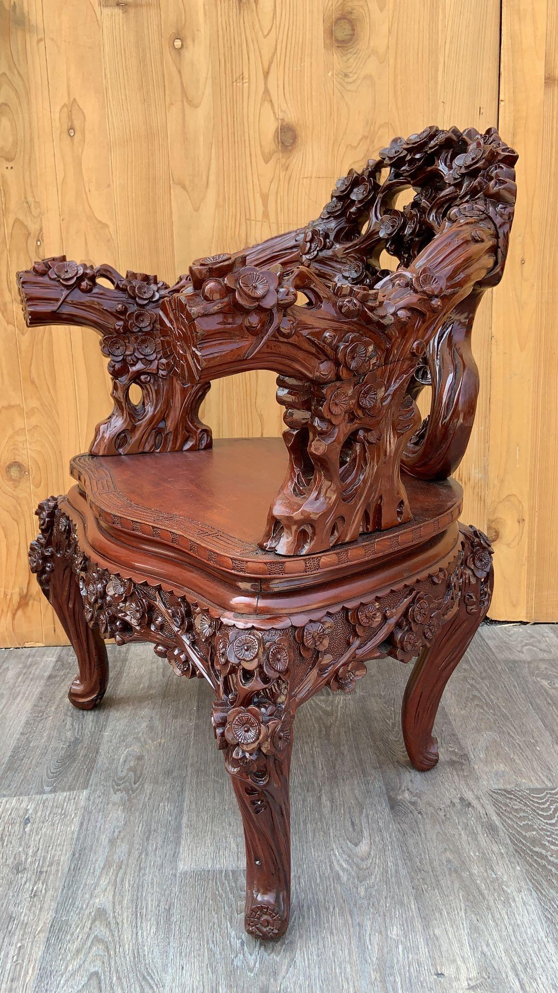 20th Century Vintage Japanese Carved Floral Accent Chair For Sale