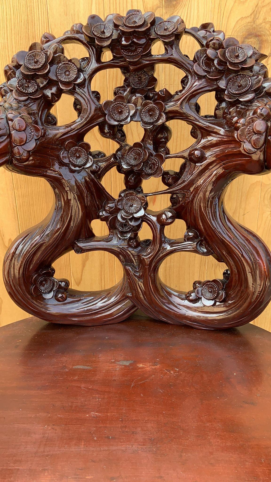 Wood Vintage Japanese Carved Floral Accent Chair For Sale