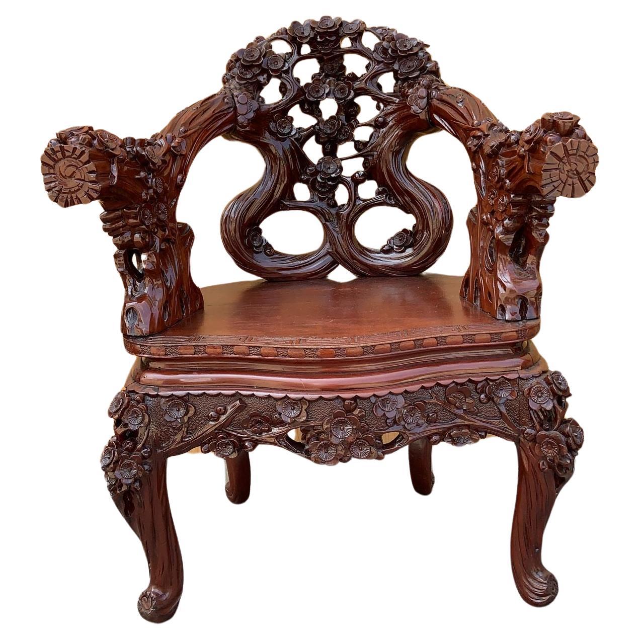 Vintage Japanese Carved Floral Accent Chair For Sale