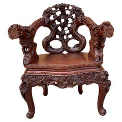 Retro Japanese Carved Floral Accent Chair