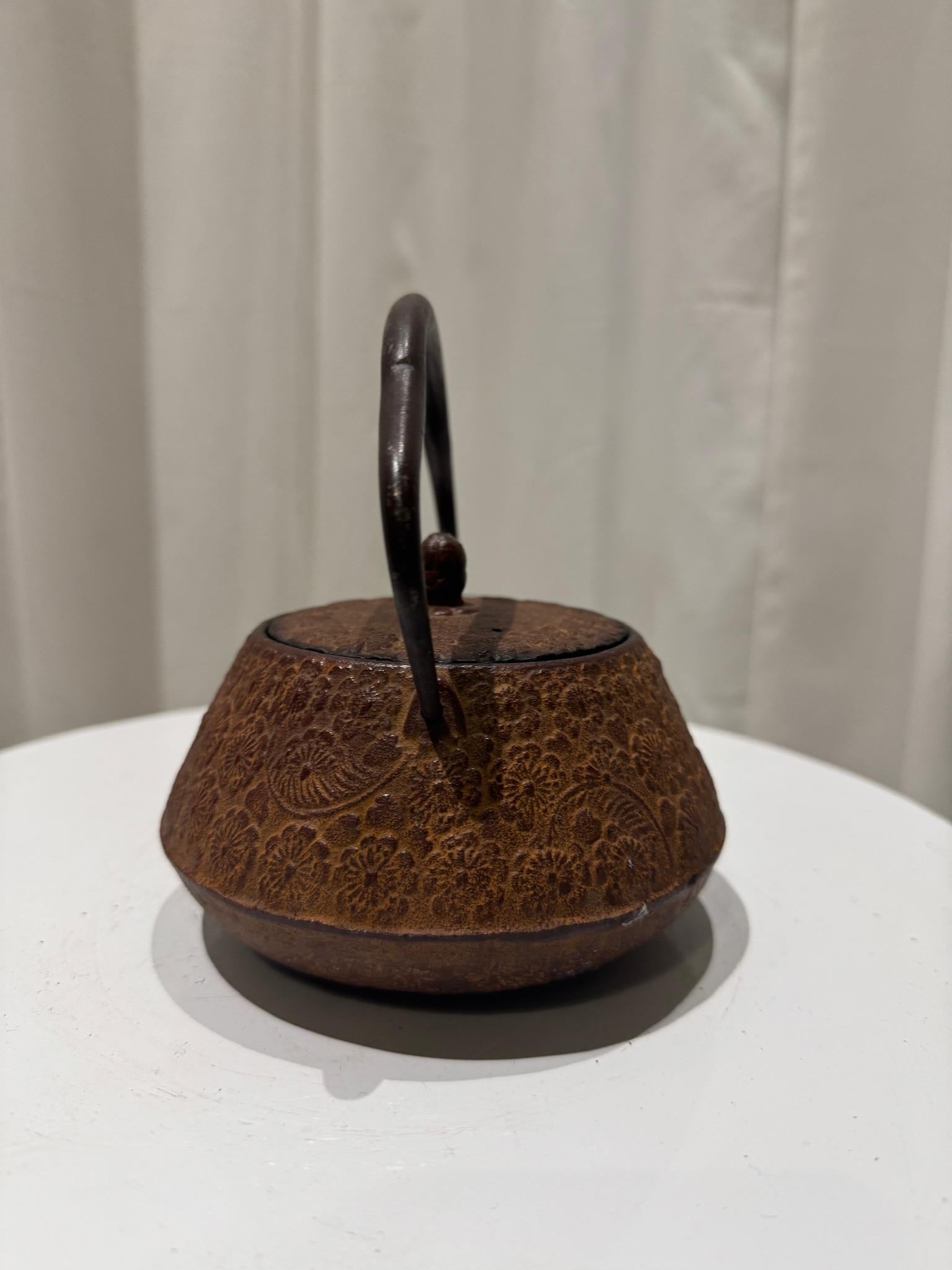 Rustic Vintage Japanese Cast Iron Tetsubin Teapot with Floral Relief Pattern