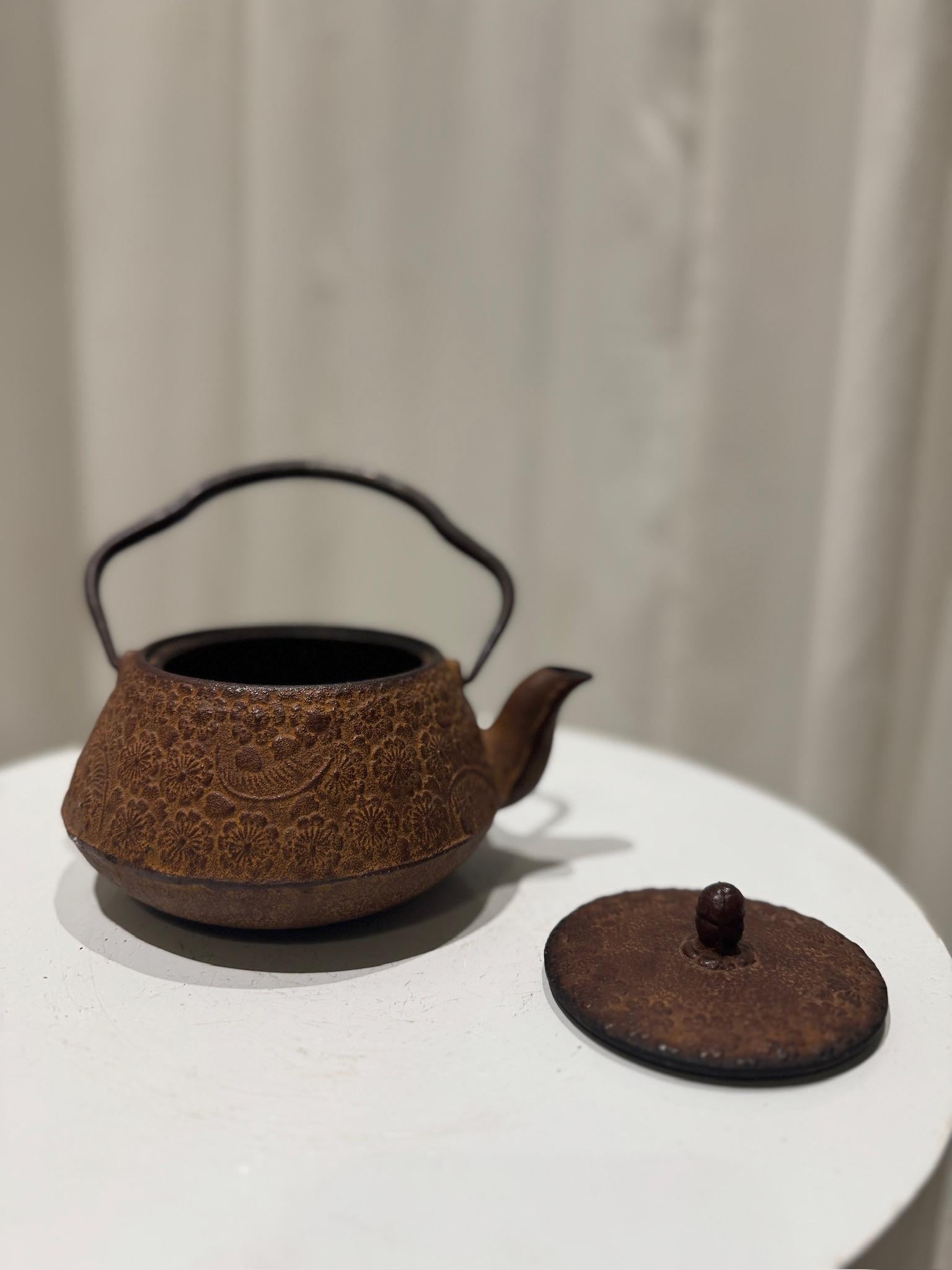 Vintage Japanese Cast Iron Tetsubin Teapot with Floral Relief Pattern 1