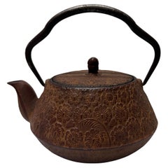 Vintage Japanese Cast Iron Tetsubin Teapot with Floral Relief Pattern