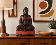 Vintage Japanese Cast Metal Meditating Buddha on Red Lacquered Stand, Circa 1960