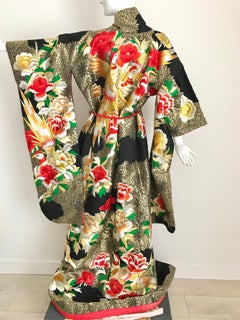 Vintage Japanese Ceremonial Brocade Kimono with Floral Embroidery and Phoenix