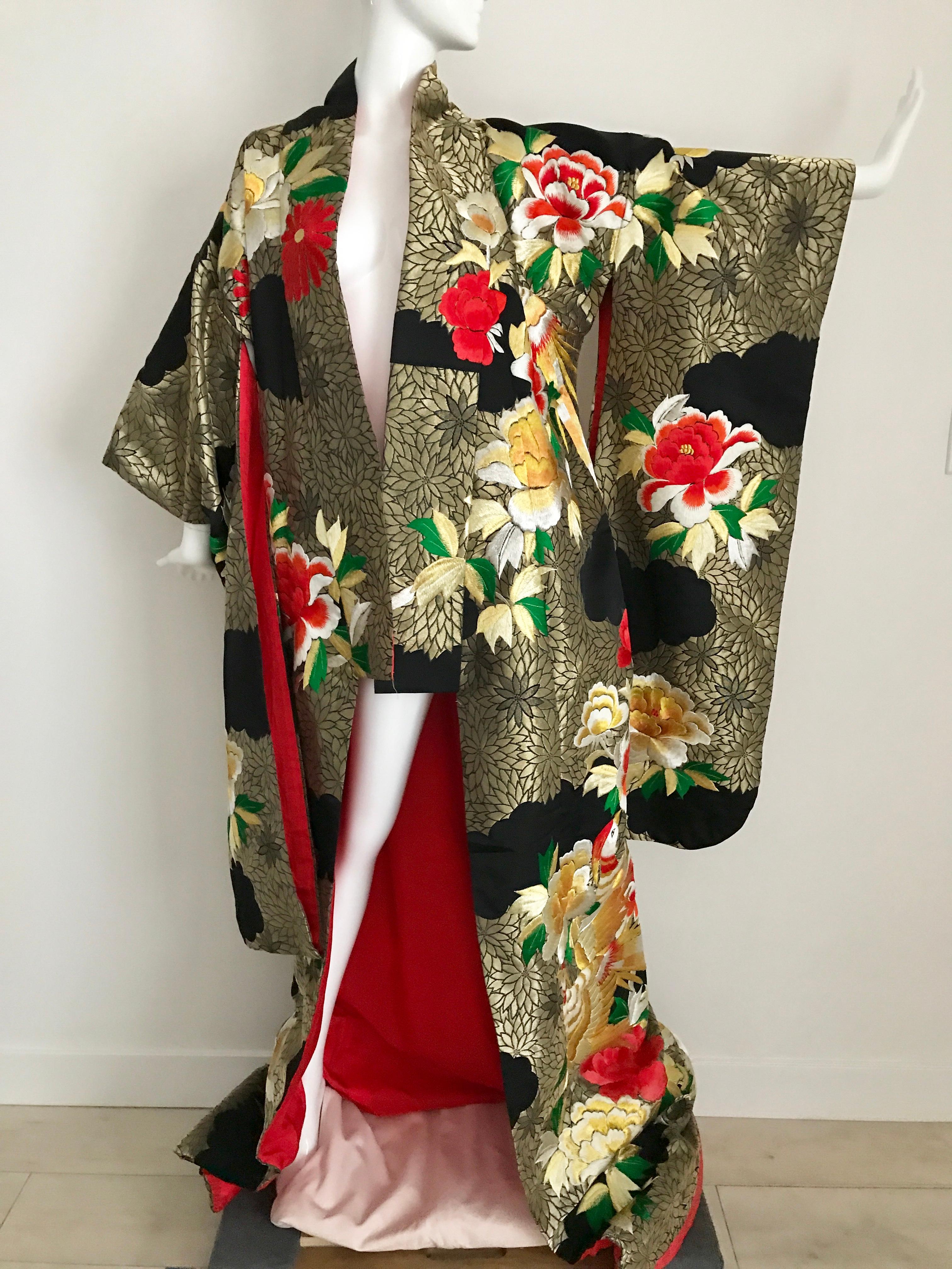 Brown Vintage Japanese Ceremonial Brocade Kimono with Floral Embroidery and Phoenix  For Sale