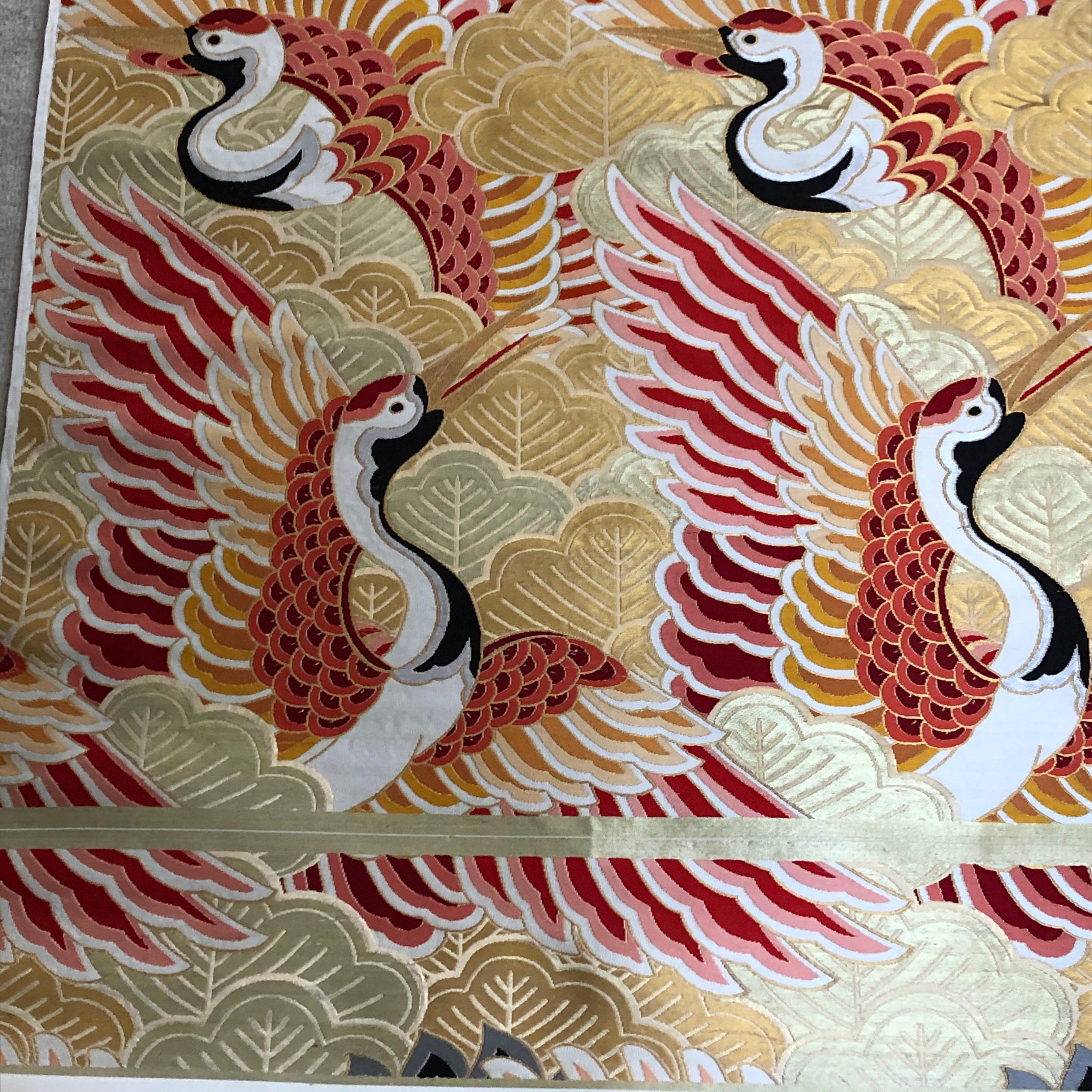 Machine-Made Japanese Vintage Ceremonial Textile with Cranes in Lidded Box For Sale