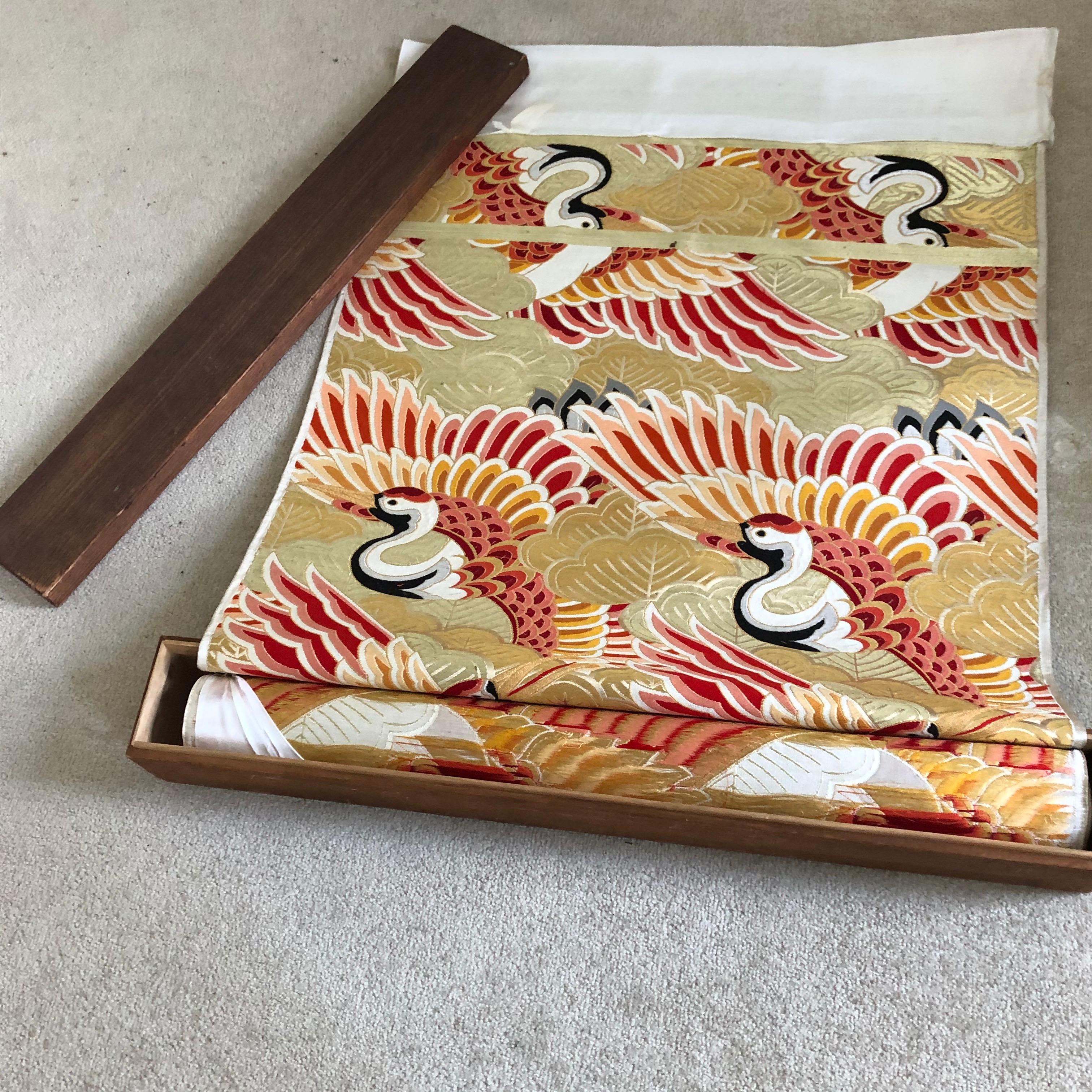 Silk Japanese Vintage Ceremonial Textile with Cranes in Lidded Box For Sale