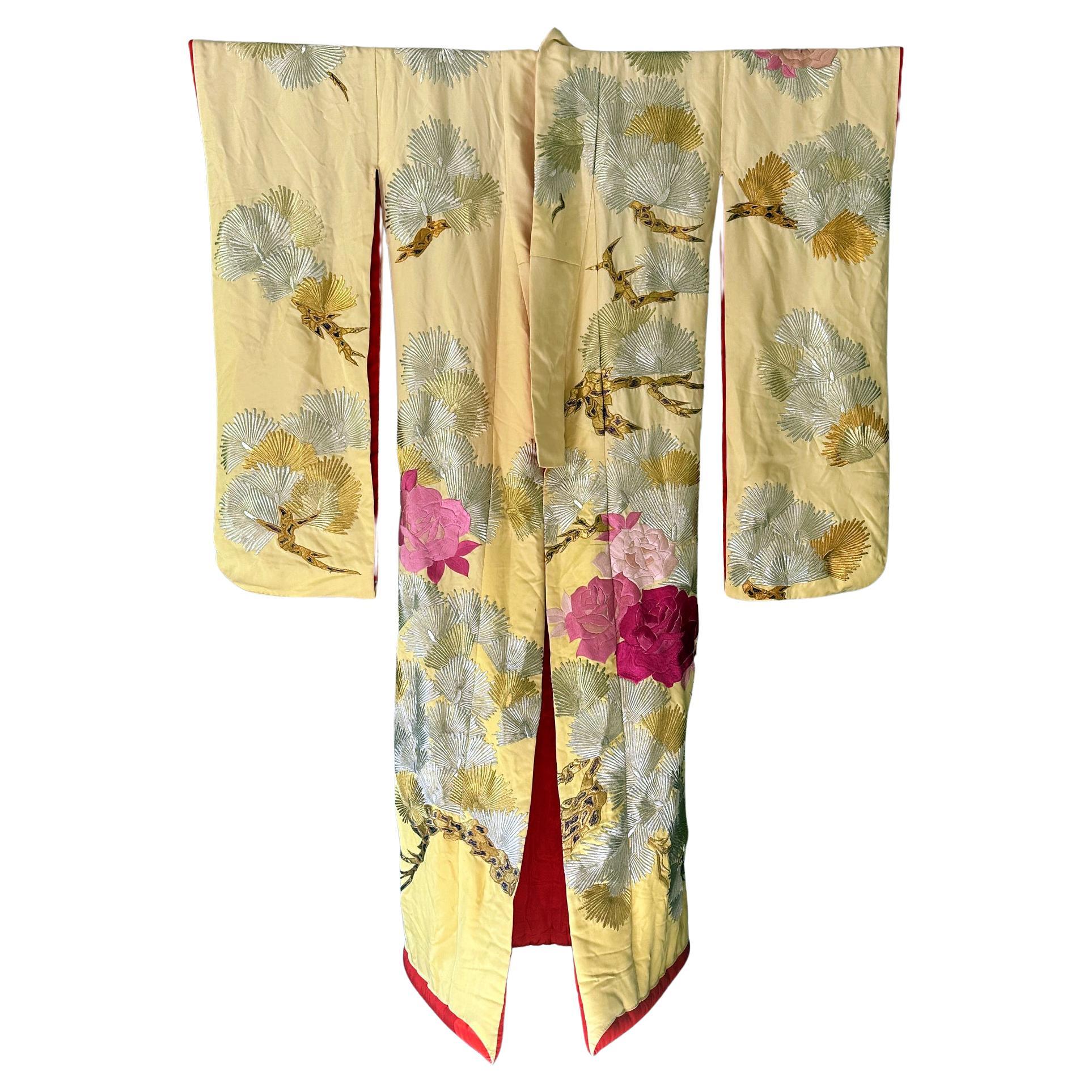 Vintage Japanese Ceremonial Wedding Kimono with Embroidery Designs