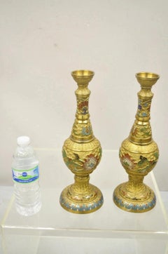 Vintage Japanese Cloisonne Enamel 13" Brass Bronze Candlestick Lamp Base - Pair