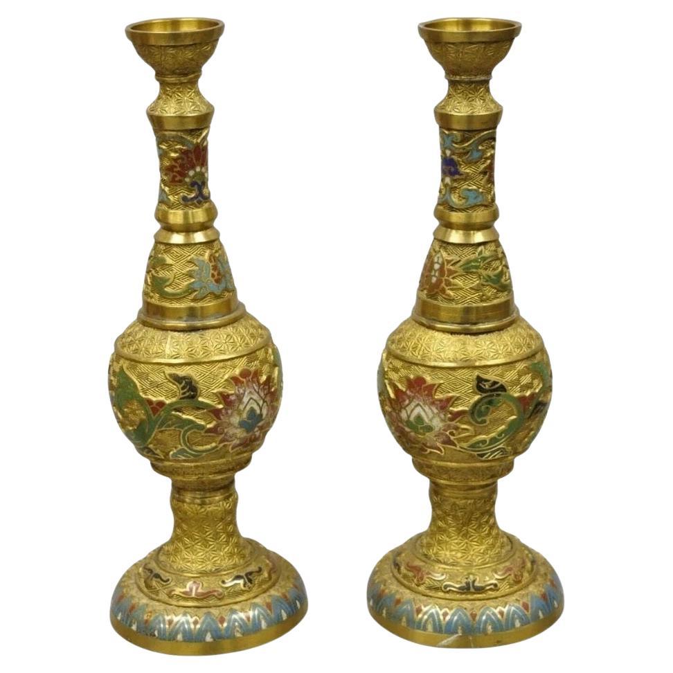 Vintage Japanese Cloisonne Enamel 13" Brass Bronze Candlestick Lamp Base - Pair