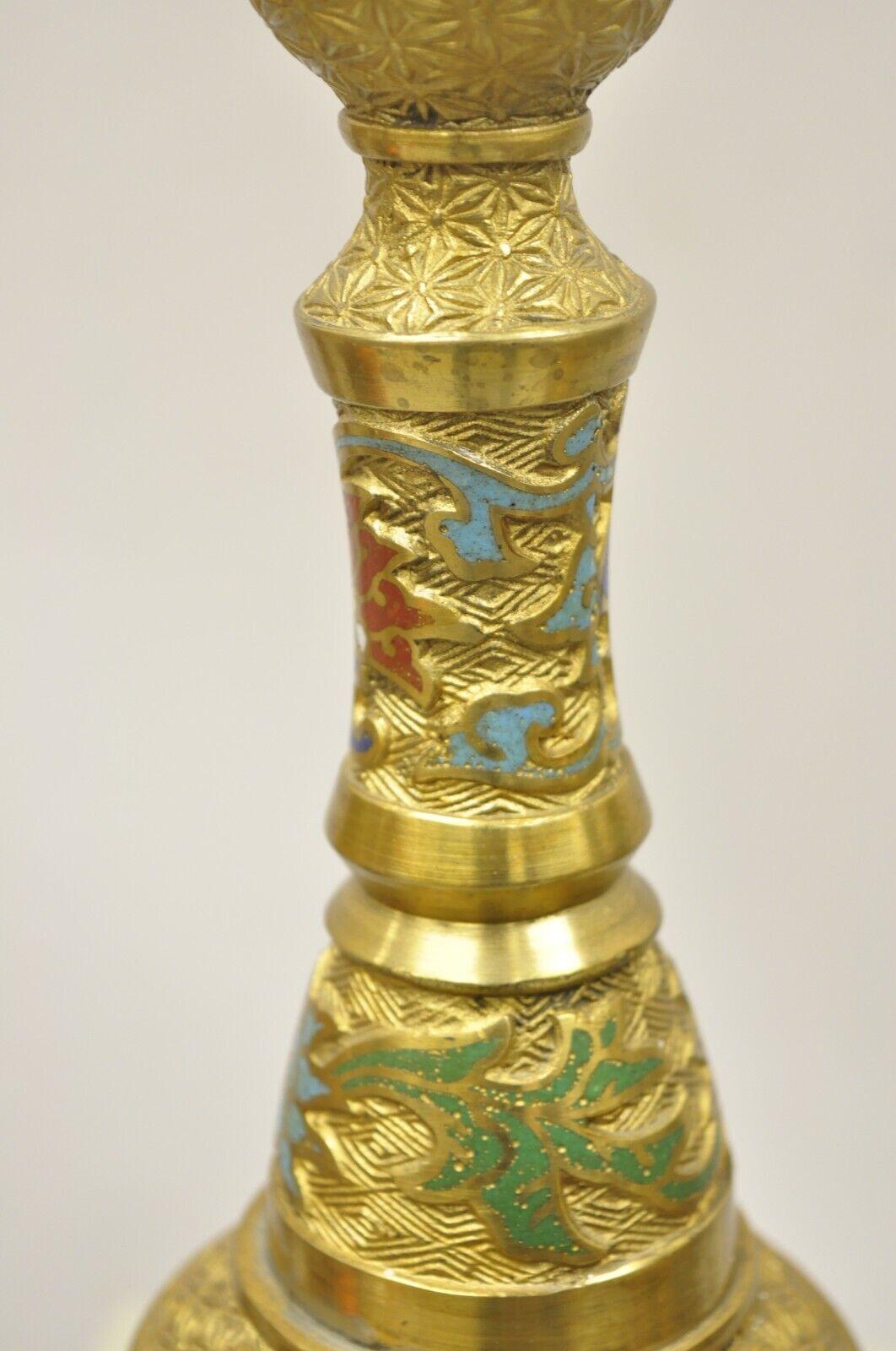 Chinoiserie Vintage Japanese Cloisonne Enamel Bronze Candlesticks Lamp Base, a Pair For Sale