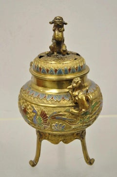 Vintage Japanese Cloisonne Enamel Champleve Bronze Foo Dog Incense Burner