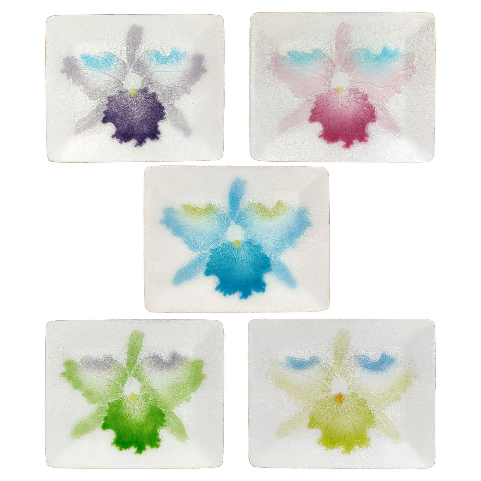 Juego Vintage Japonés de Cloisonné de 5 Platos de Sushi con Diseño de Orquídeas en venta