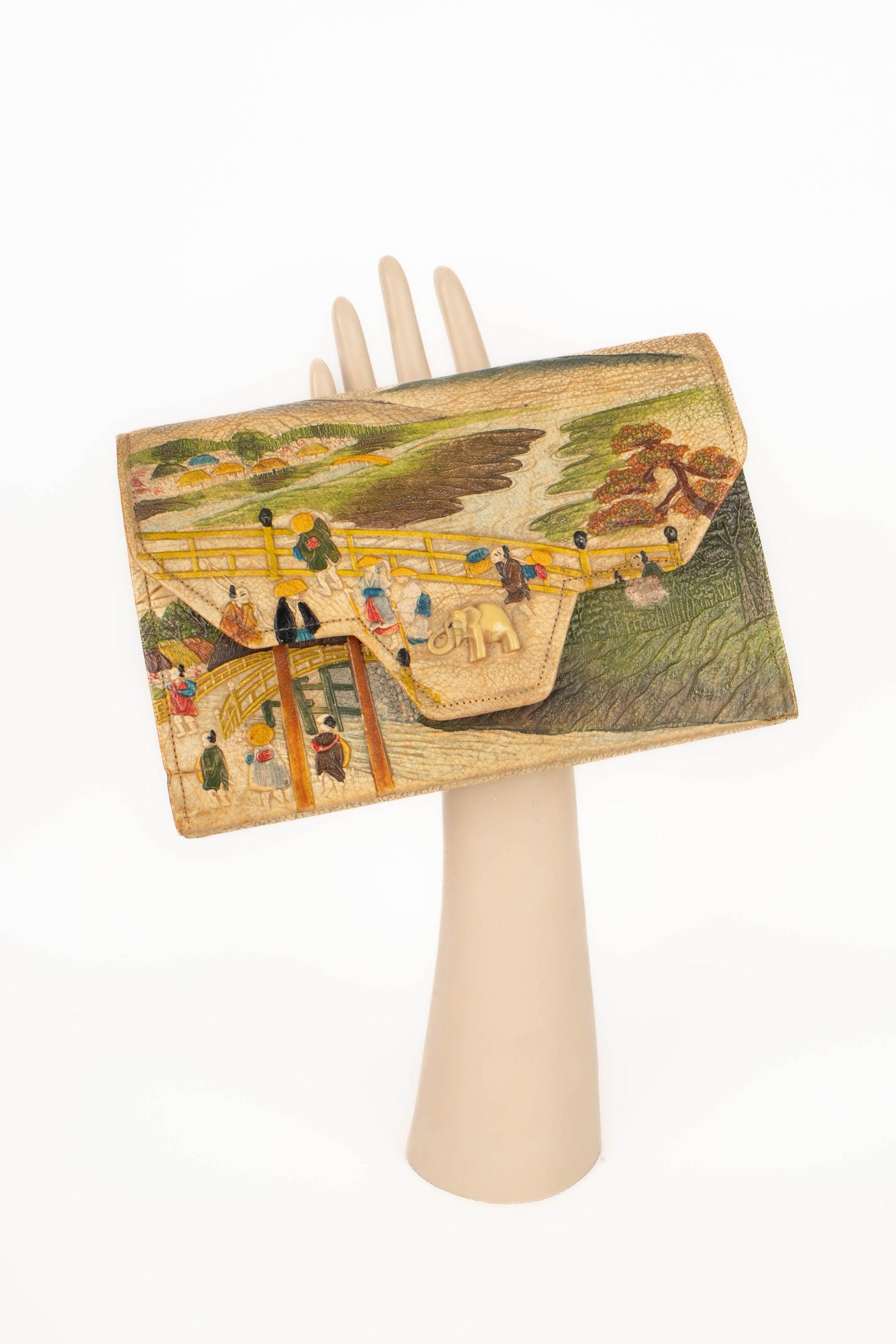 Brown Vintage Japanese Clutch Leather Bag, 1930s