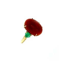 Vintage Japanese Coral Emerald Heart Cocktail Gold Ring