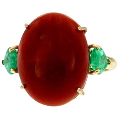 Vintage Japanese Coral Emerald Heart Cocktail Gold Ring