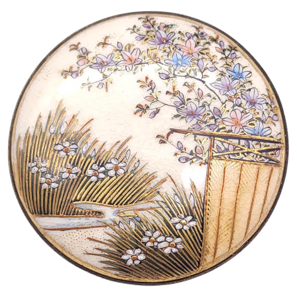 Broche japonaise vintage Damascène paysage floral ronde en émail