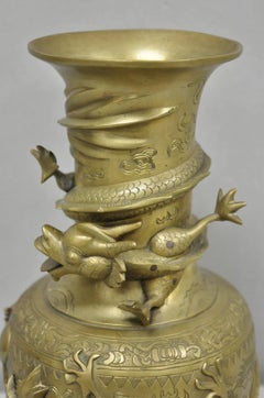 Vintage Japanese Dragon Relief Bronze Chinese 10" Oriental Flower Vase - a Pair