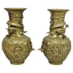 Vintage Japanese Dragon Relief Bronze Chinese 10" Oriental Flower Vase - a Pair
