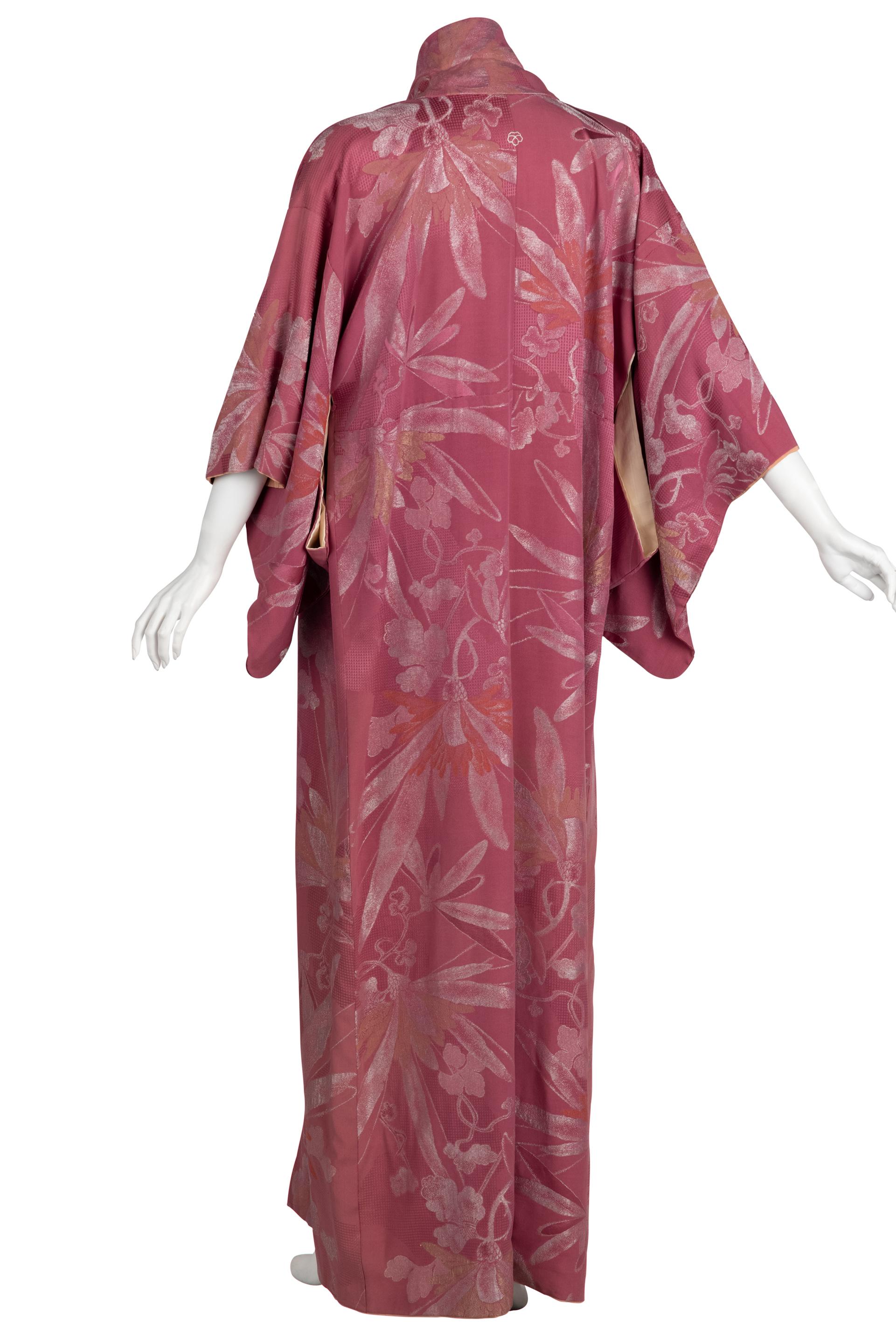 Vintage Japanese Dusky Mauve Silk Metallic Floral Maxi Kimono For Sale 1