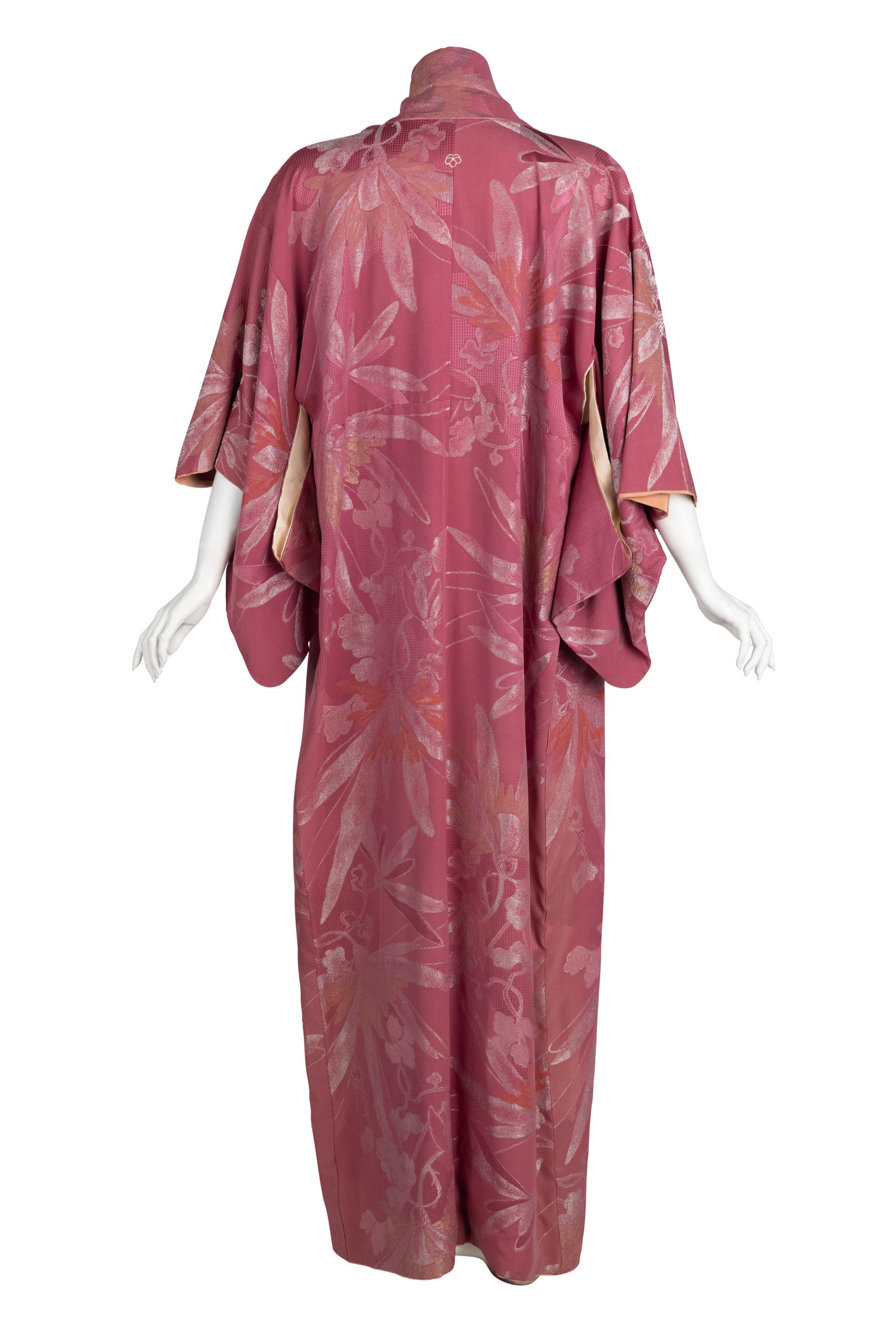 Vintage Japanese Dusky Mauve Silk Metallic Floral Maxi Kimono For Sale 2