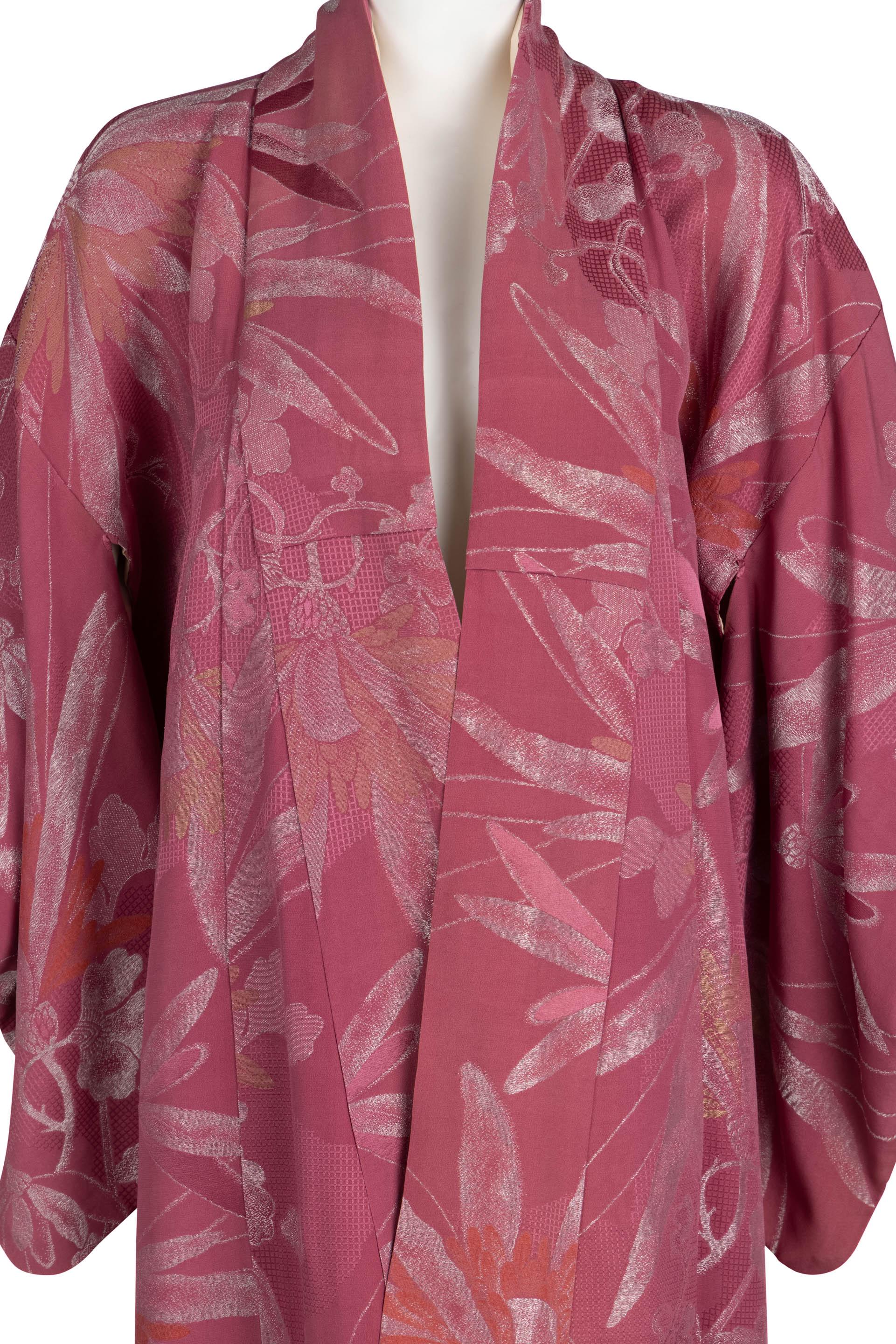 Women's or Men's Vintage Japanese Dusky Mauve Silk Metallic Floral Maxi Kimono
