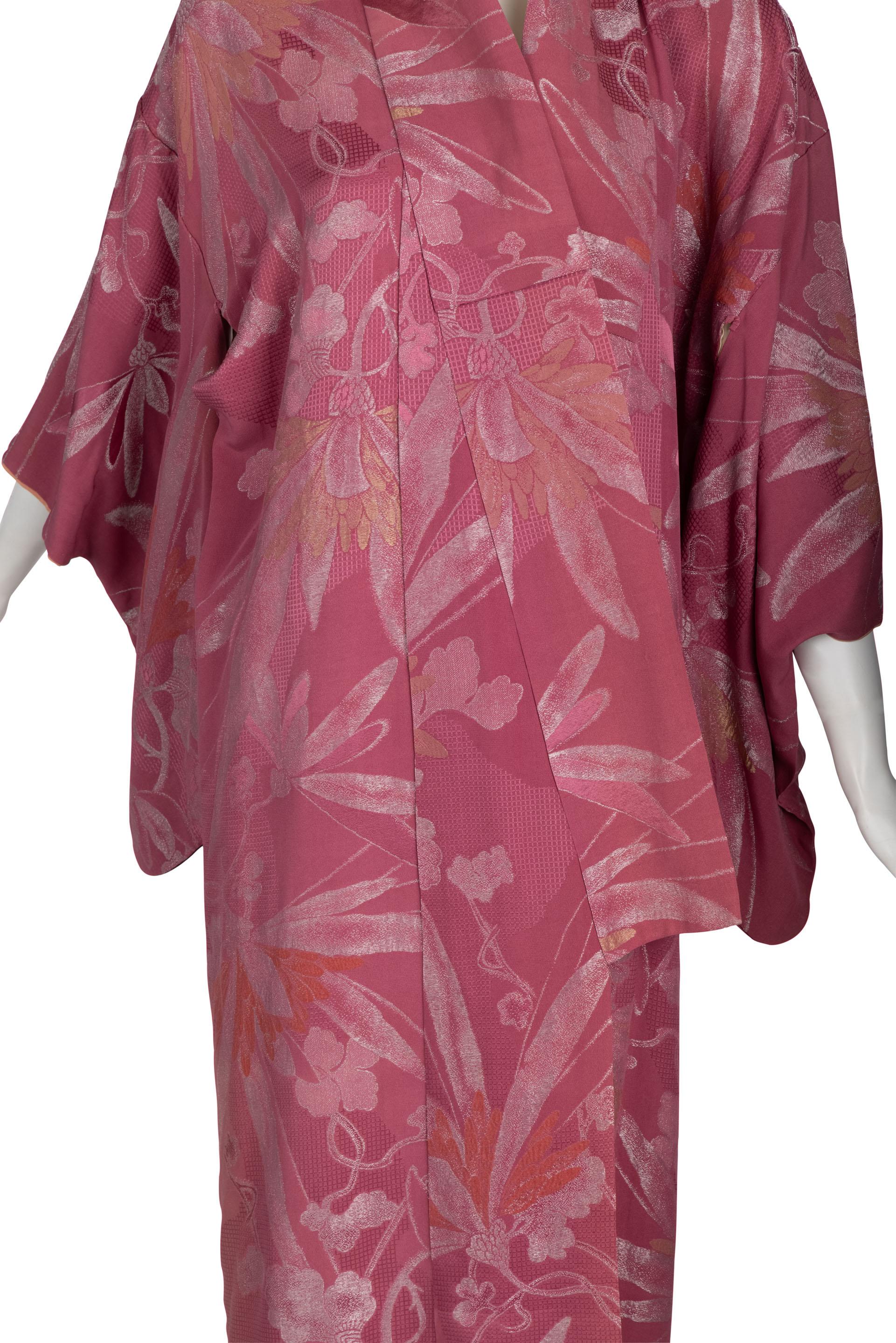Vintage Japanese Dusky Mauve Silk Metallic Floral Maxi Kimono 1