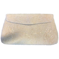 Vintage Japanese Floral White Beaded Envelope Clutch