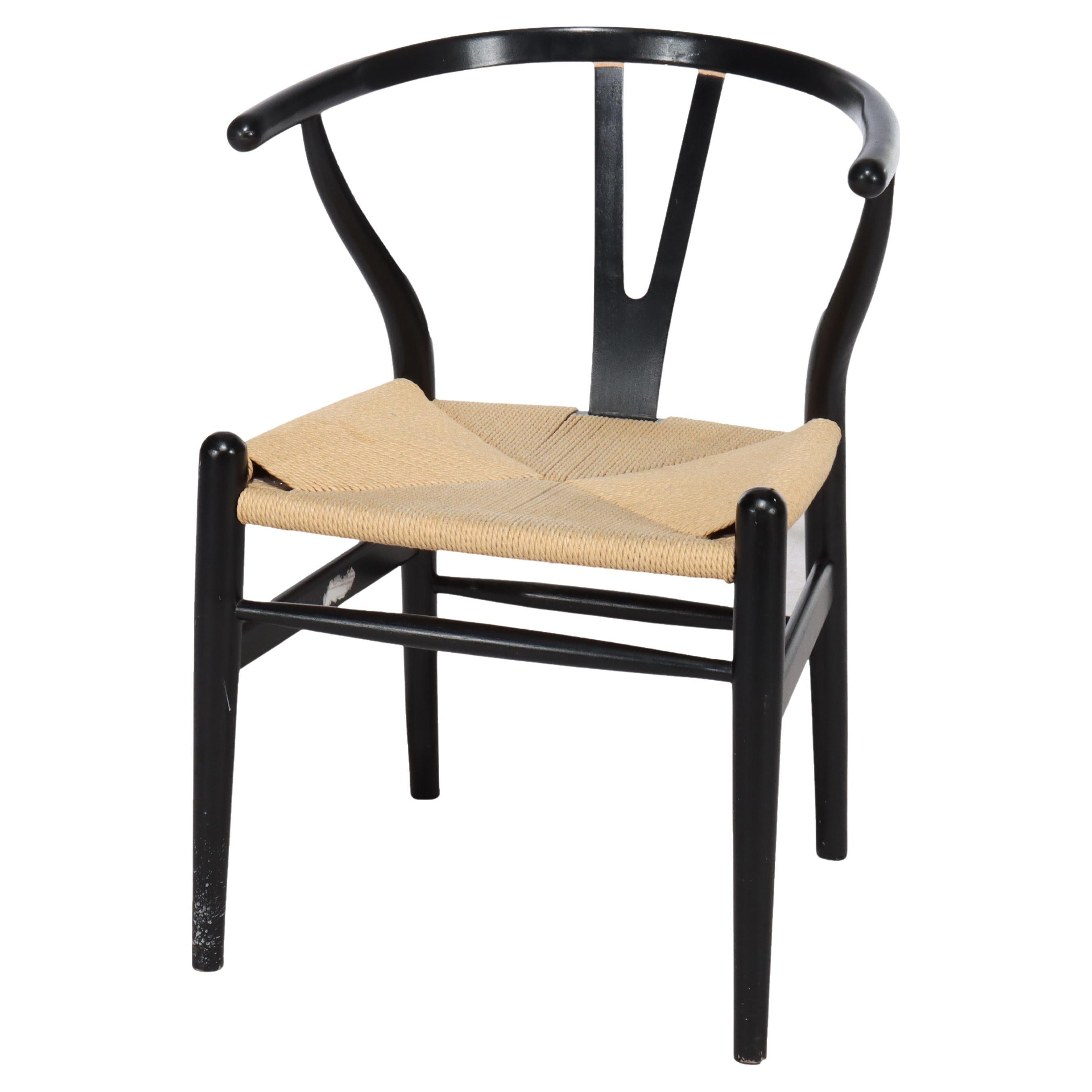 Vintage Japanese Form Ebonized Wood & Rush Seat Barrel Back Chair 20thC