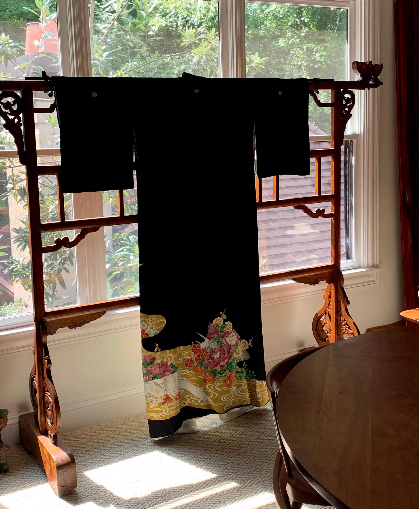 Japonisme Vintage Japanese Formal Black Silk Kimono For Sale