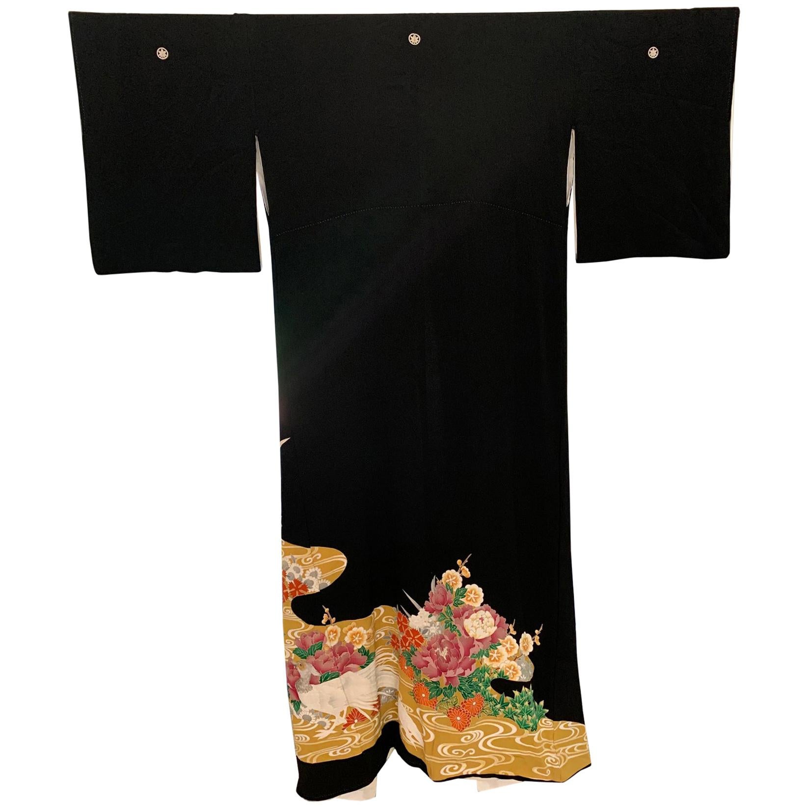 Vintage Japanese Formal Black Silk Kimono