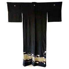 Retro Japanese Formal Black Silk Kimono with Pheonix Embroidery