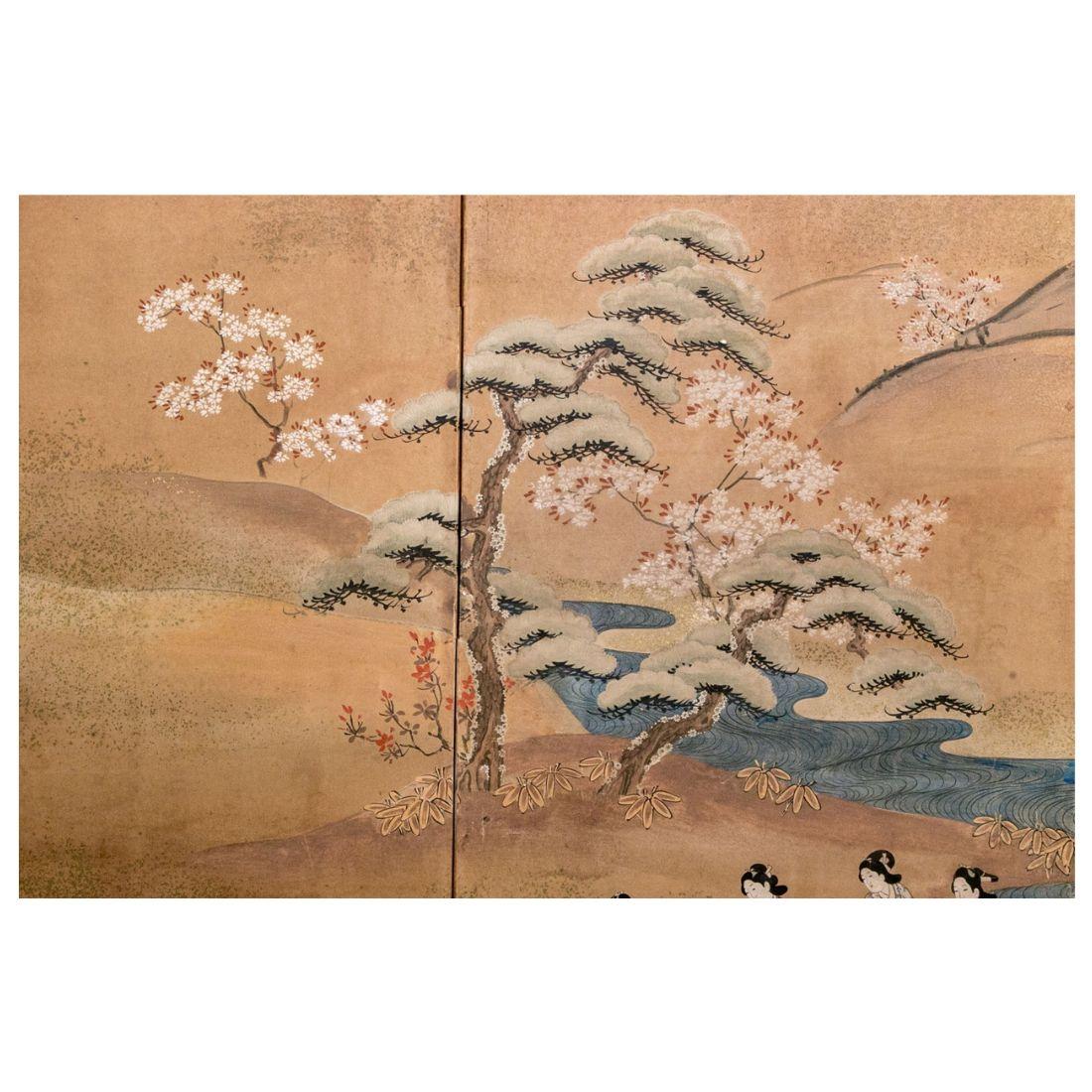 Peint à la main Vintage Japanese Four Panel Hand Painted Byobu Screen (écran japonais à quatre panneaux peints à la main) en vente