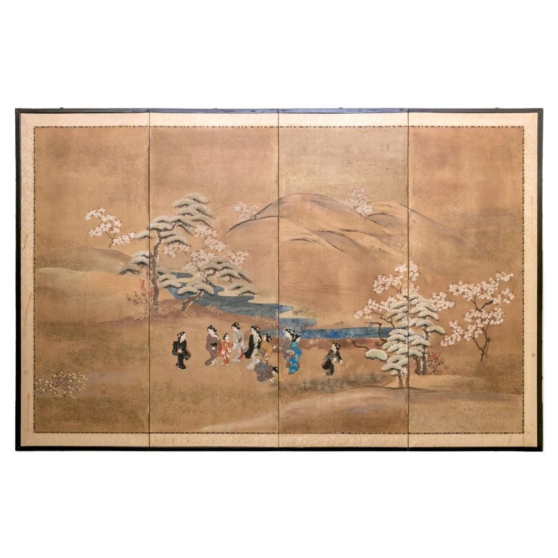 Paravento giapponese a quattro pannelli dipinto a mano Byobu vintage