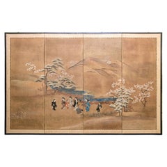 Vintage Japanese Four Panel Hand Painted Byobu Screen