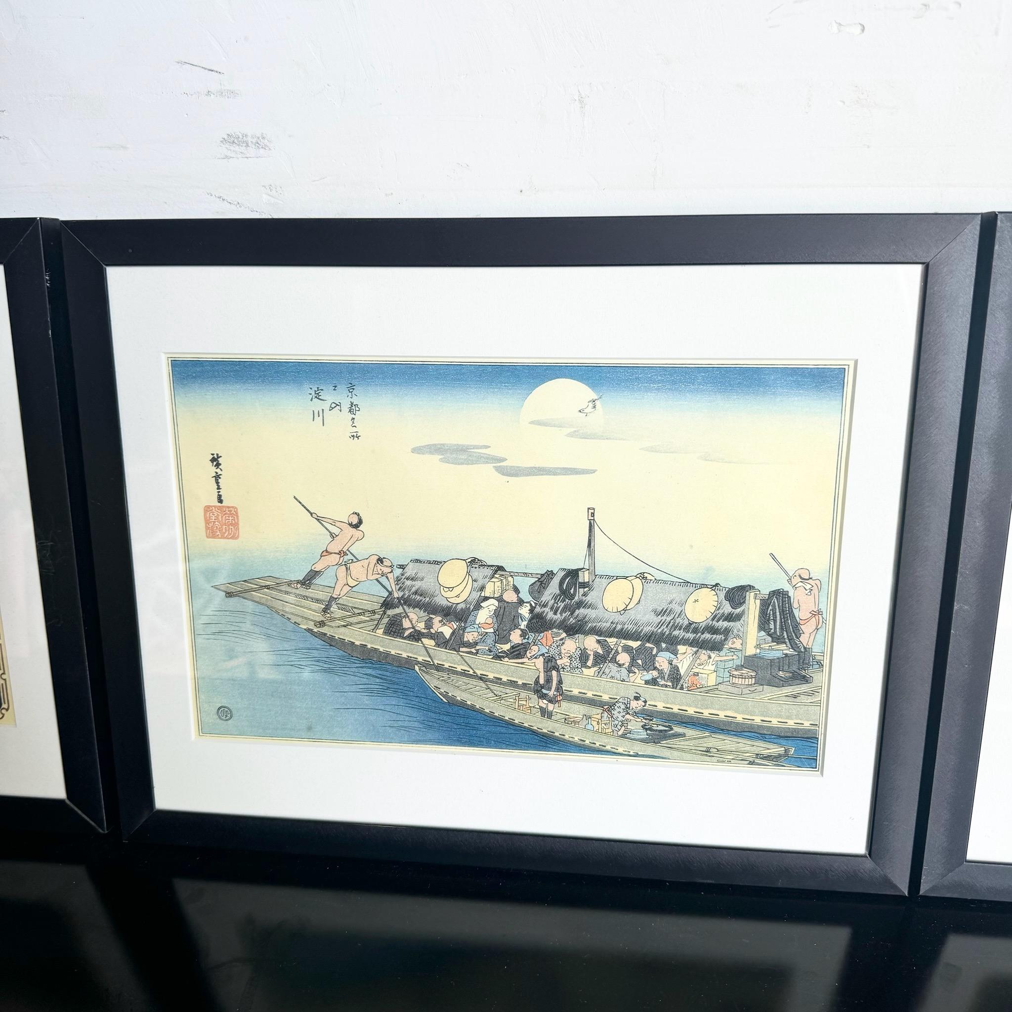 Stampe giapponesi d'epoca con cornice, Opere di Hiroshige (1797 - 1858) - Set di 3 In condizioni buone in vendita a Delray Beach, FL