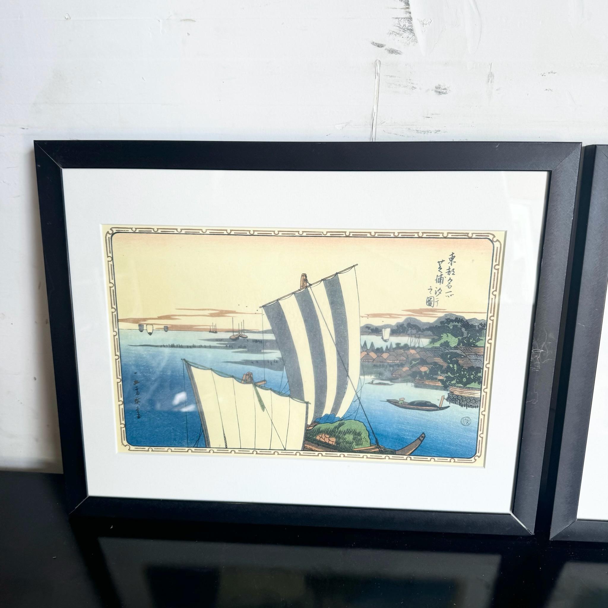 XX secolo Stampe giapponesi d'epoca con cornice, Opere di Hiroshige (1797 - 1858) - Set di 3 in vendita