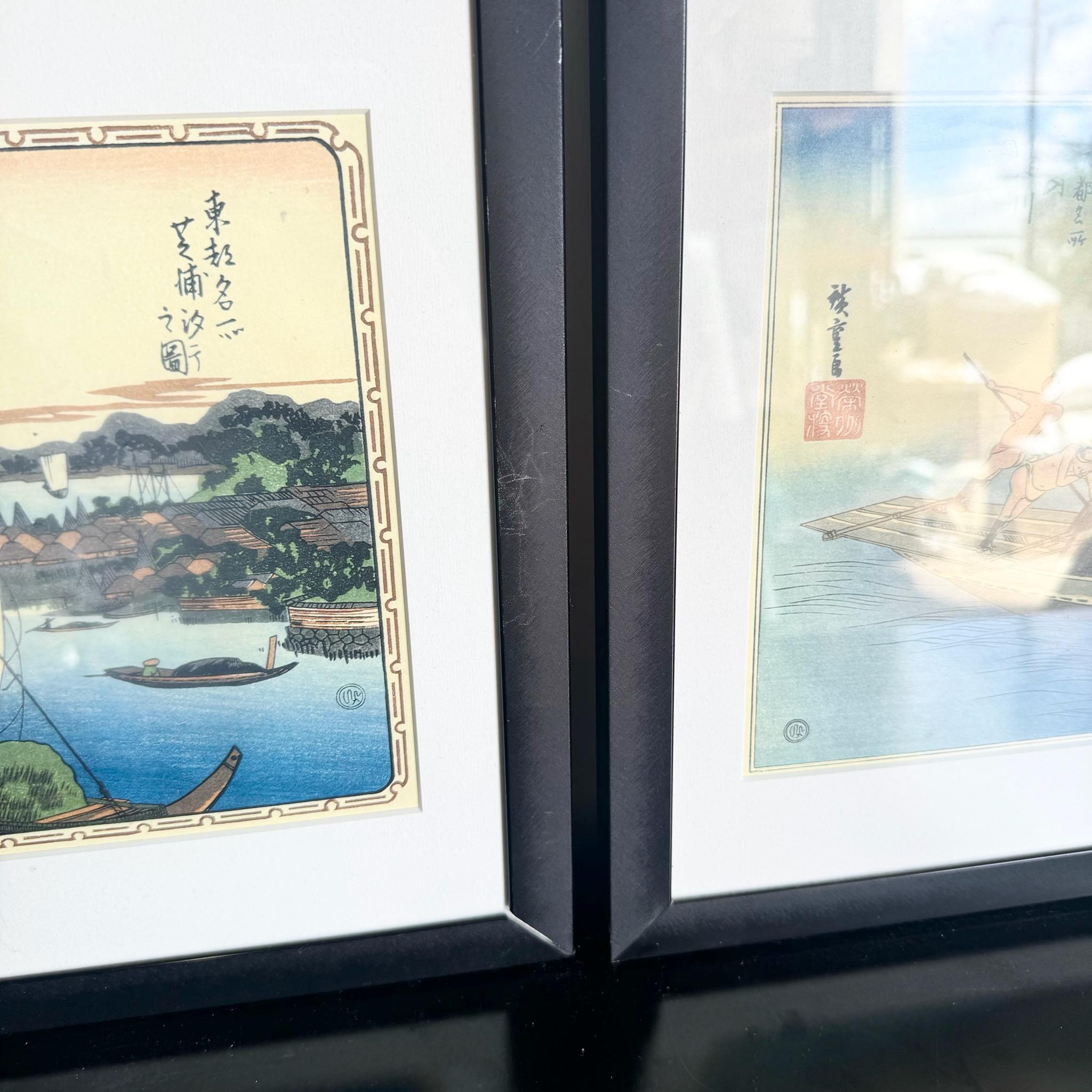 Carta Stampe giapponesi d'epoca con cornice, Opere di Hiroshige (1797 - 1858) - Set di 3 in vendita