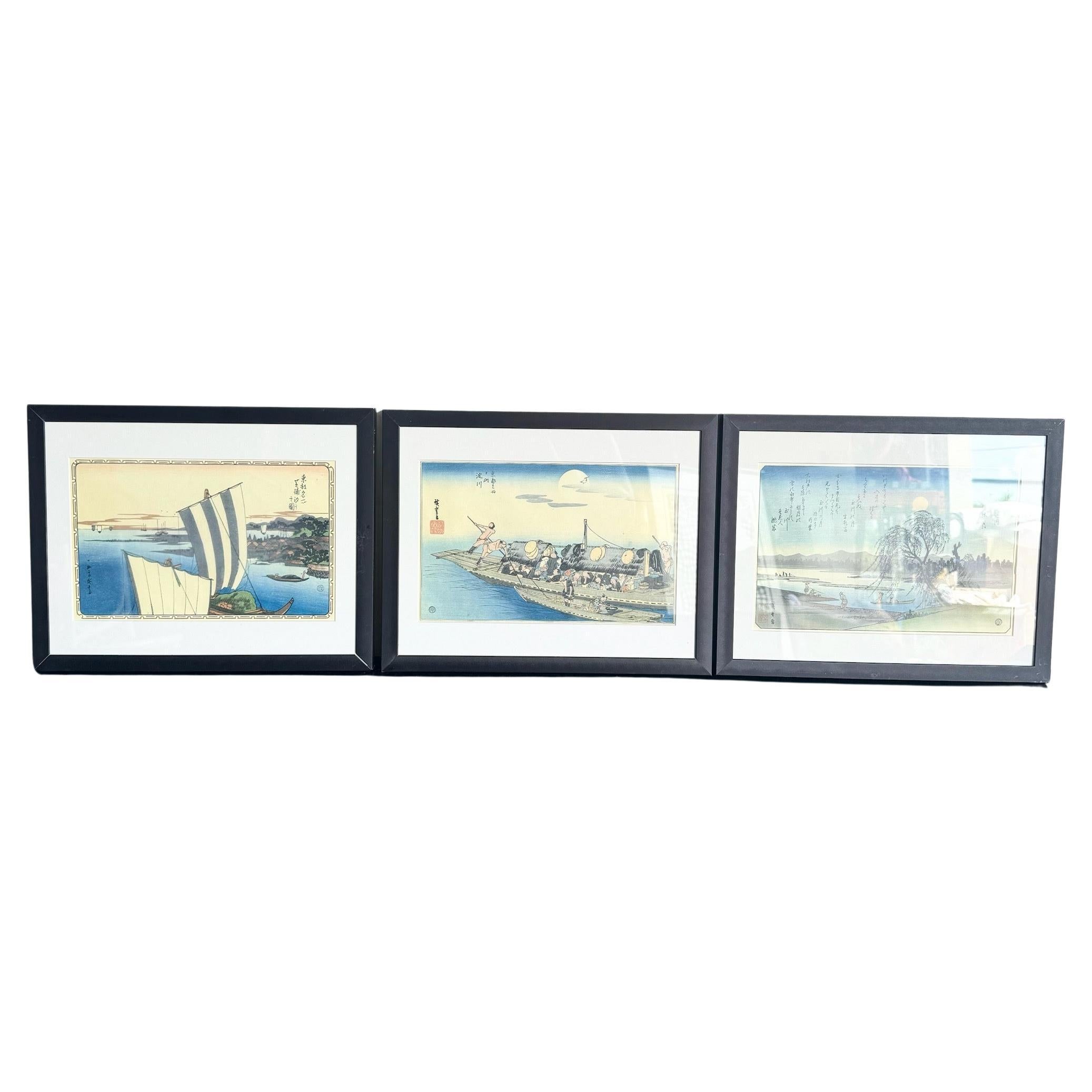 Japanische gerahmte Vintage-Drucke, Werke von Hiroshige (1797 - 1858) – 3er-Set
