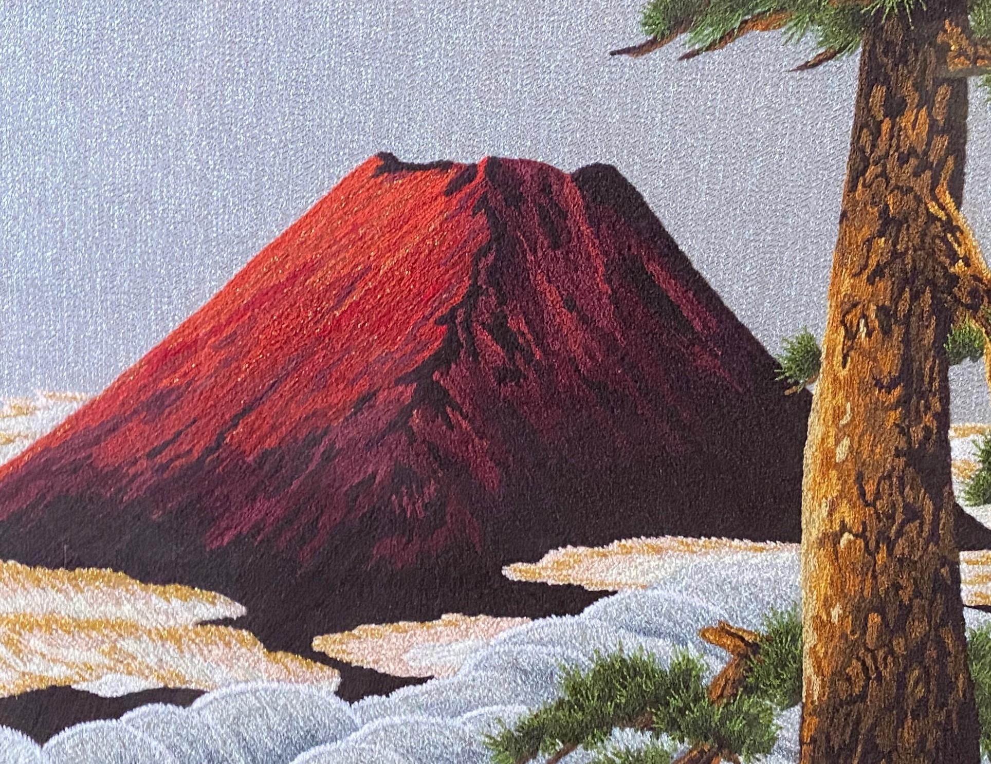 Japanischer gerahmter Vintage-Wandteppich aus Seidenstickerei mit roter Mount Fuji in der Morgendämmerung im Angebot 4