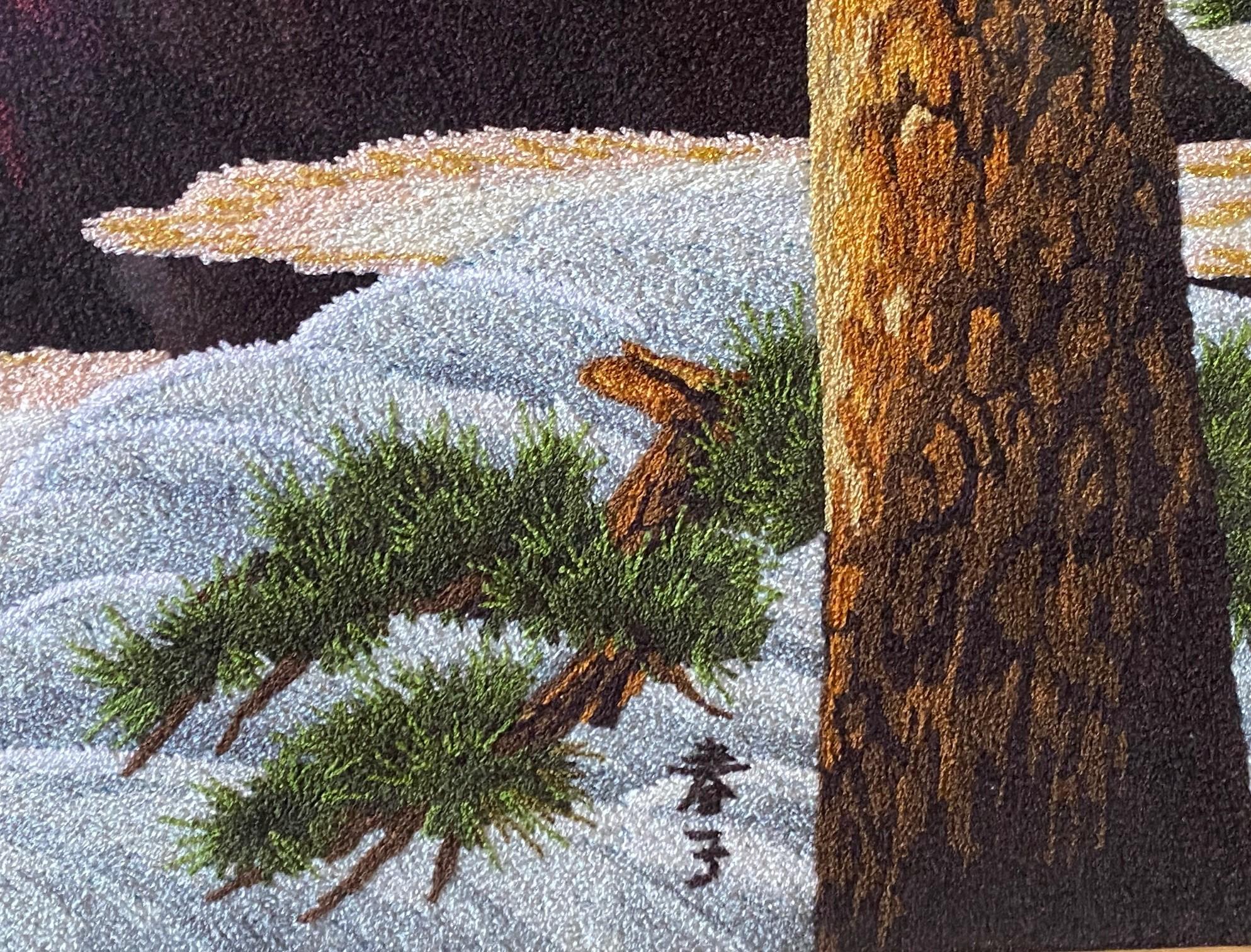 Japanischer gerahmter Vintage-Wandteppich aus Seidenstickerei mit roter Mount Fuji in der Morgendämmerung im Angebot 7