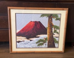 Vintage Japanese Framed Silk Embroidery Tapestry of Red Mount Fuji at Dawn Dusk