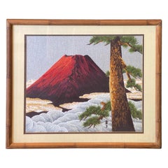 Vintage Japanese Framed Silk Embroidery Tapestry of Red Mount Fuji at Dawn Dusk