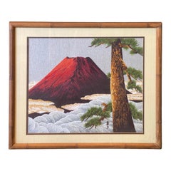 Vintage Japanese Framed Silk Embroidery Tapestry of Red Mount Fuji at Dawn Dusk