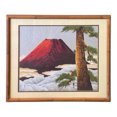 Vintage Japanese Framed Silk Embroidery Tapestry of Red Mount Fuji at Dawn Dusk
