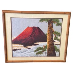 Vintage Japanese Framed Silk Embroidery Tapestry of Red Mount Fuji at Dawn Dusk