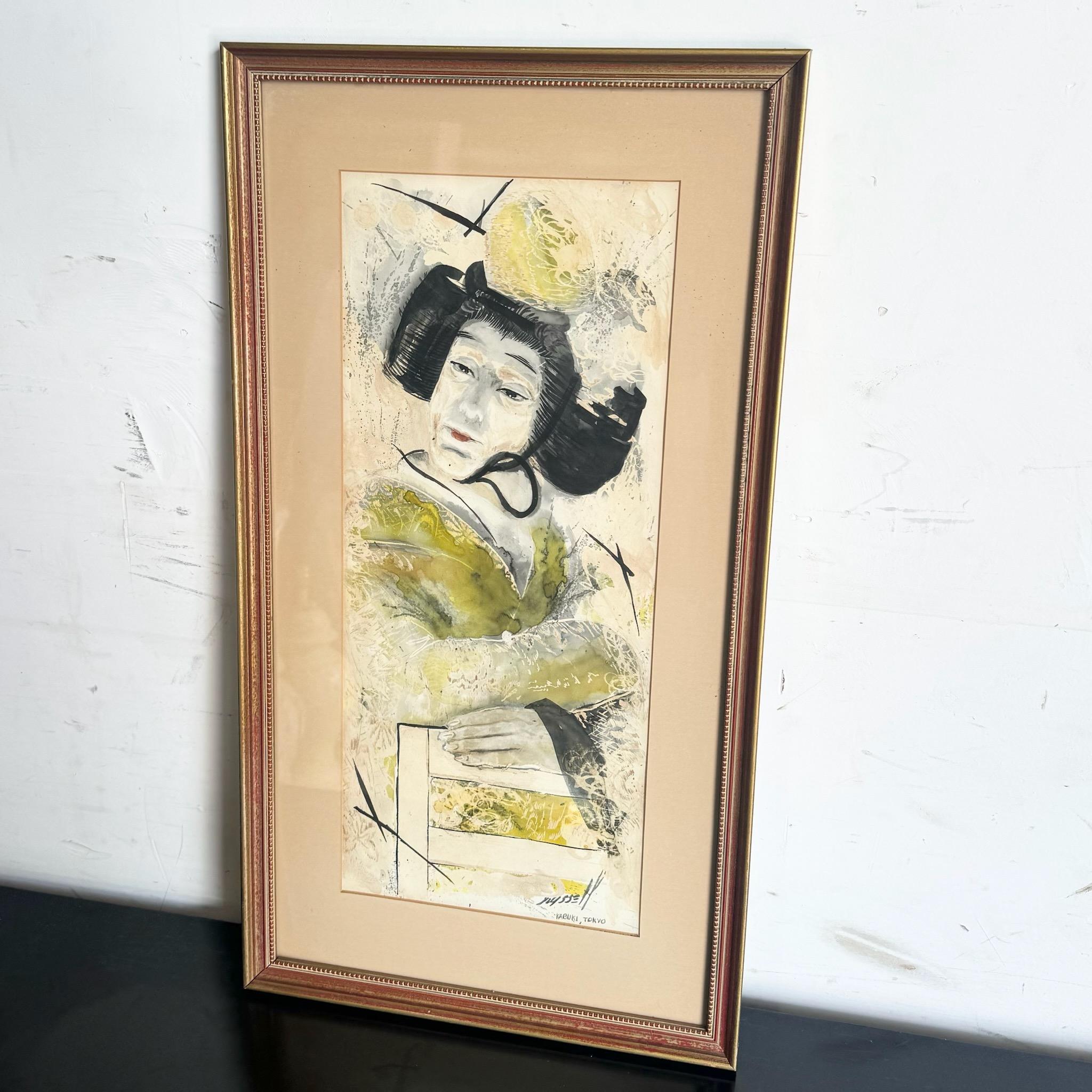 Elevate your decor with this vintage Japanese framed watercolor of a Geisha woman. This beautifully crafted piece captures the grace and poise of traditional Japanese culture, making it a timeless addition to any room seeking an elegant and cultural