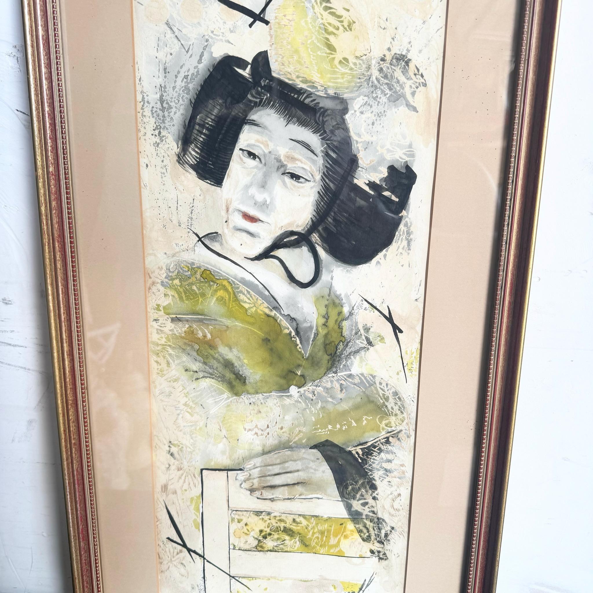 Vintage Japanese Framed Watercolor of Geisha Woman In Good Condition For Sale In Delray Beach, FL